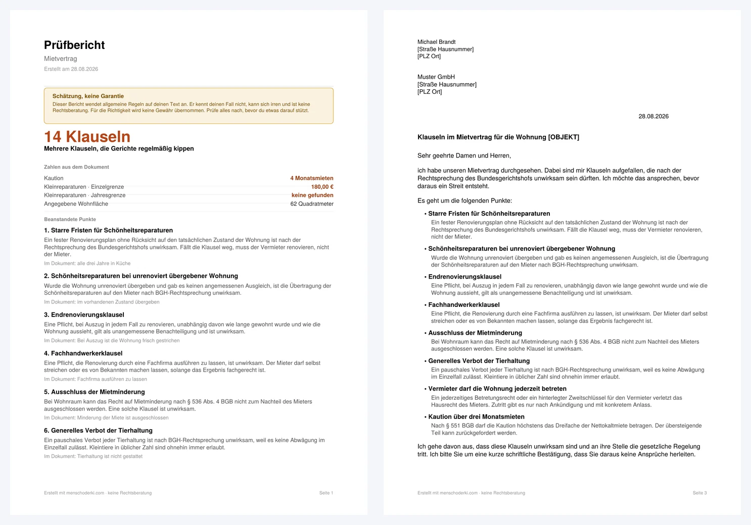 Denetim raporu ve ev sahibine mektup, PDF olarak iki sayfa
