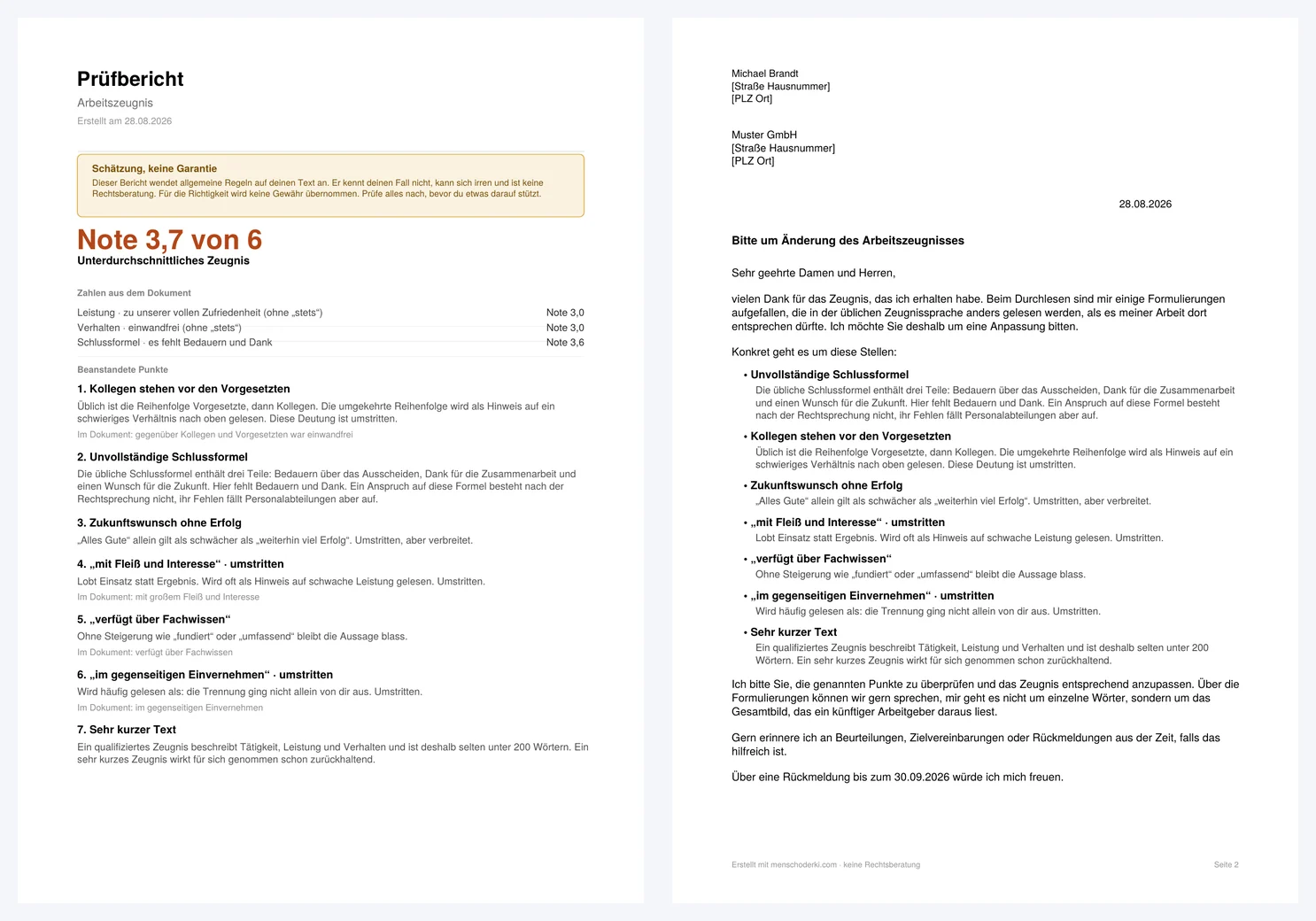 Denetim raporu ve işverene mektup, PDF olarak iki sayfa